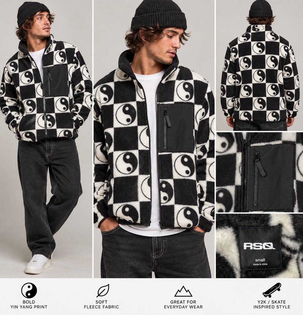 RSQ Women’s Fleece Jacket S Black White Yin Yang Check Lightweight Full Zip